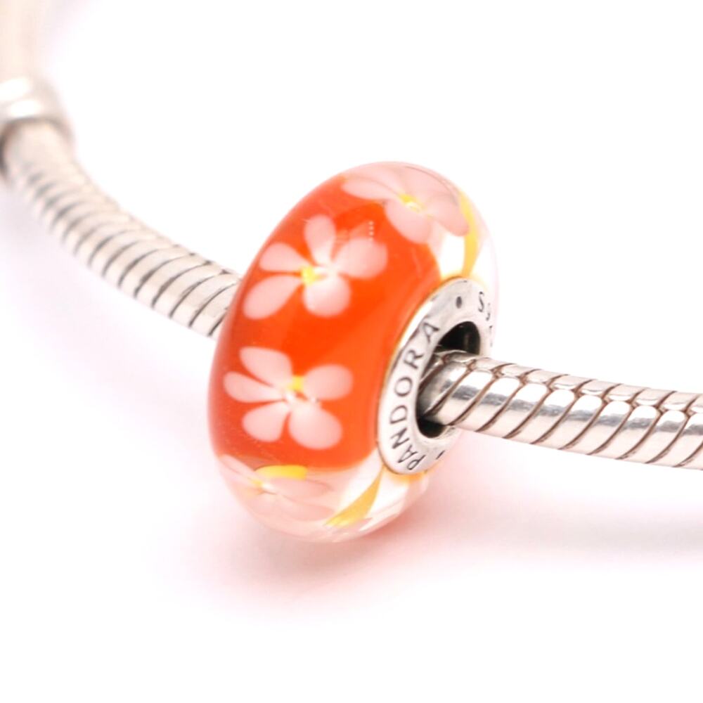 Authentic PANDORA Tropical Flower Orange Murano Glass Charm - 791624